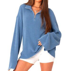 Edikted Amour High Neck Oversized Zip Sweater in Blue